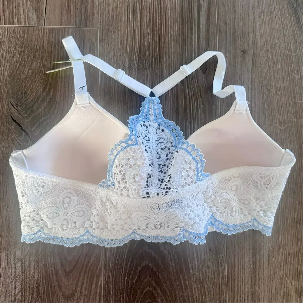 Maidenform One Fab Fit Everyday Full Coverage Racerback Bra Blue White Lace 36B